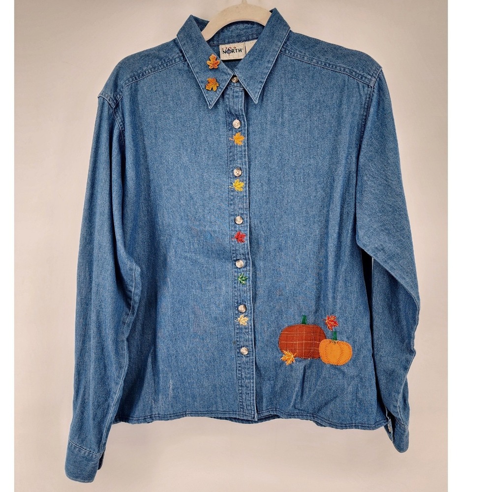 Vintage Pumpkin Fall Leaves Embroidered Denim Button Down Shirt M